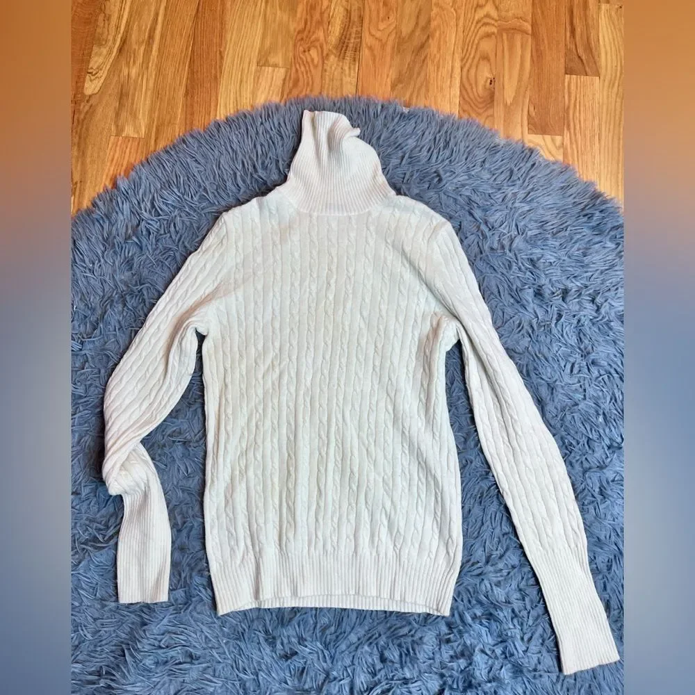 J.Crew Creamy White Cable Knit Wool Cashmere Turtleneck Sweater Size M